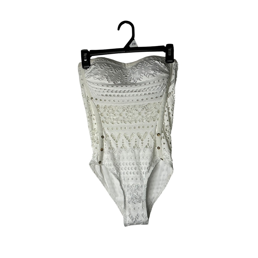 White Eyelet Crochet Strapless One Piece Swimsuit Gold Button Detail Size Medium